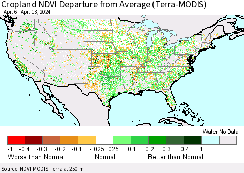 United States Cropland NDVI Departure from Average (Terra-MODIS) Thematic Map For 4/6/2024 - 4/13/2024