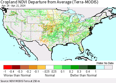 United States Cropland NDVI Departure from Average (Terra-MODIS) Thematic Map For 4/14/2024 - 4/21/2024