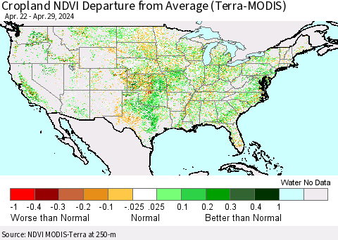 United States Cropland NDVI Departure from Average (Terra-MODIS) Thematic Map For 4/22/2024 - 4/29/2024