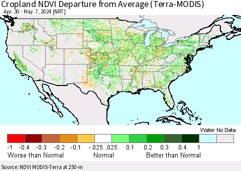 United States Cropland NDVI Departure from Average (Terra-MODIS) Thematic Map For 4/30/2024 - 5/7/2024