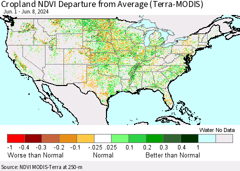 United States Cropland NDVI Departure from Average (Terra-MODIS) Thematic Map For 6/1/2024 - 6/8/2024