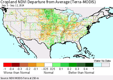 United States Cropland NDVI Departure from Average (Terra-MODIS) Thematic Map For 9/5/2024 - 9/12/2024