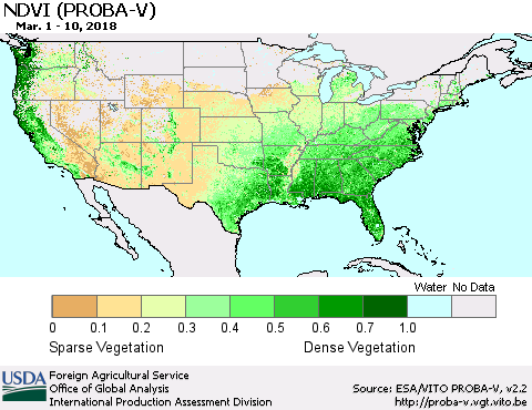 United States NDVI (PROBA-V) Thematic Map For 3/1/2018 - 3/10/2018