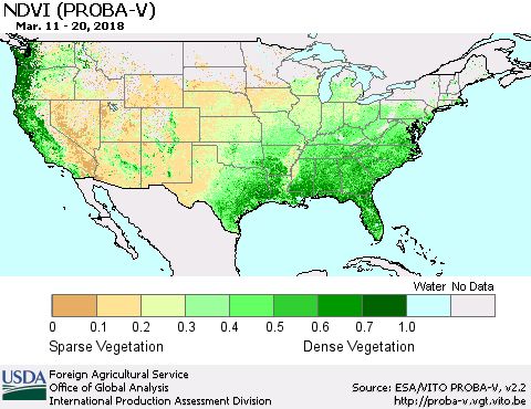 United States NDVI (PROBA-V) Thematic Map For 3/11/2018 - 3/20/2018