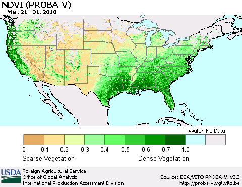 United States NDVI (PROBA-V) Thematic Map For 3/21/2018 - 3/31/2018