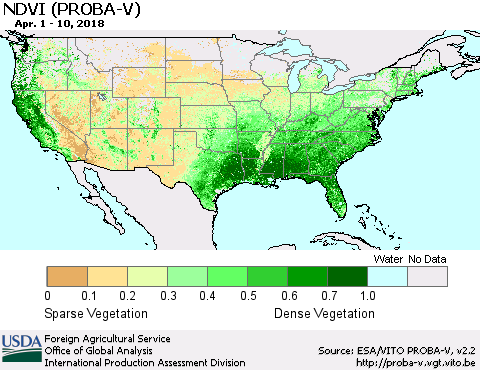 United States NDVI (PROBA-V) Thematic Map For 4/1/2018 - 4/10/2018