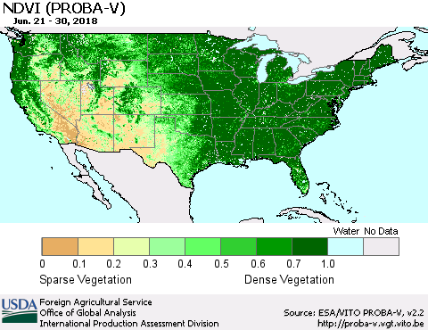 United States NDVI (PROBA-V) Thematic Map For 6/21/2018 - 6/30/2018