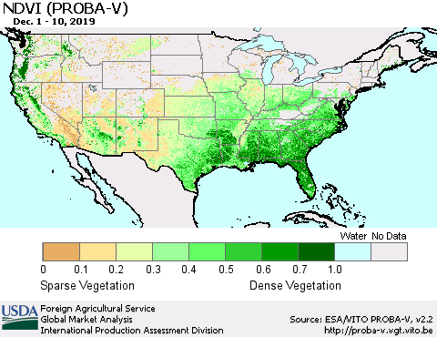 United States NDVI (PROBA-V) Thematic Map For 12/1/2019 - 12/10/2019