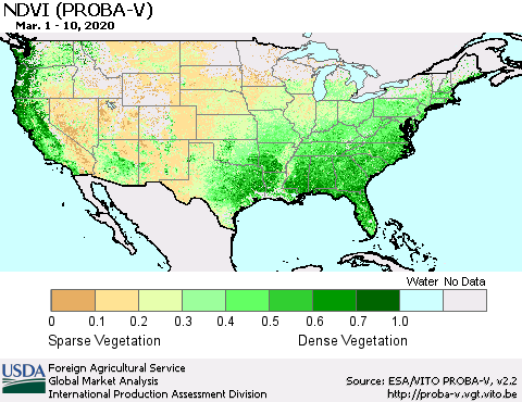 United States NDVI (PROBA-V) Thematic Map For 3/1/2020 - 3/10/2020