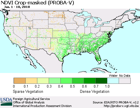 United States NDVI Crop-masked (PROBA-V) Thematic Map For 1/1/2018 - 1/10/2018