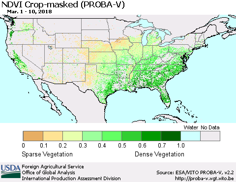 United States NDVI Crop-masked (PROBA-V) Thematic Map For 3/1/2018 - 3/10/2018