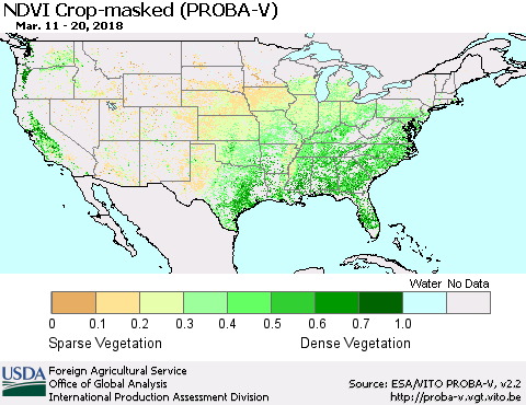 United States NDVI Crop-masked (PROBA-V) Thematic Map For 3/11/2018 - 3/20/2018