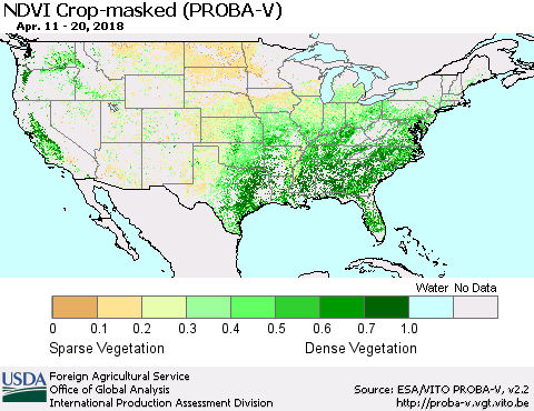 United States NDVI Crop-masked (PROBA-V) Thematic Map For 4/11/2018 - 4/20/2018