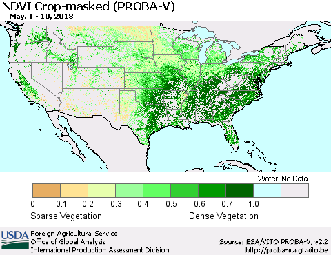 United States NDVI Crop-masked (PROBA-V) Thematic Map For 5/1/2018 - 5/10/2018