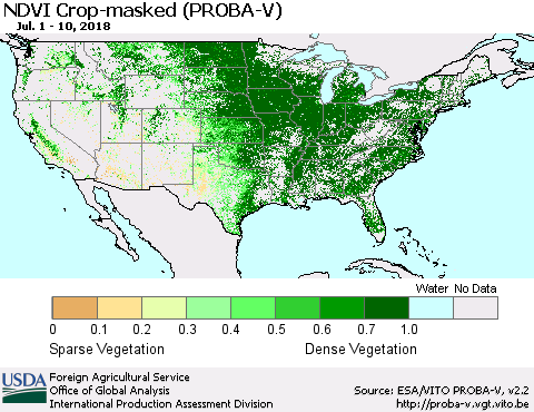 United States NDVI Crop-masked (PROBA-V) Thematic Map For 7/1/2018 - 7/10/2018