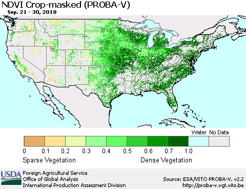 United States NDVI Crop-masked (PROBA-V) Thematic Map For 9/21/2018 - 9/30/2018