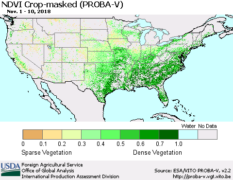 United States NDVI Crop-masked (PROBA-V) Thematic Map For 11/1/2018 - 11/10/2018