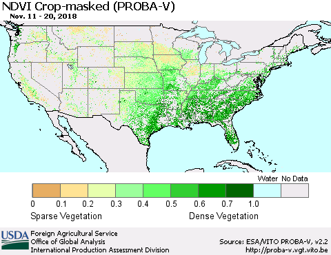 United States NDVI Crop-masked (PROBA-V) Thematic Map For 11/11/2018 - 11/20/2018