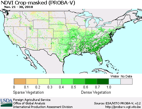 United States NDVI Crop-masked (PROBA-V) Thematic Map For 11/21/2018 - 11/30/2018