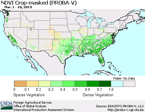 United States NDVI Crop-masked (PROBA-V) Thematic Map For 3/1/2019 - 3/10/2019