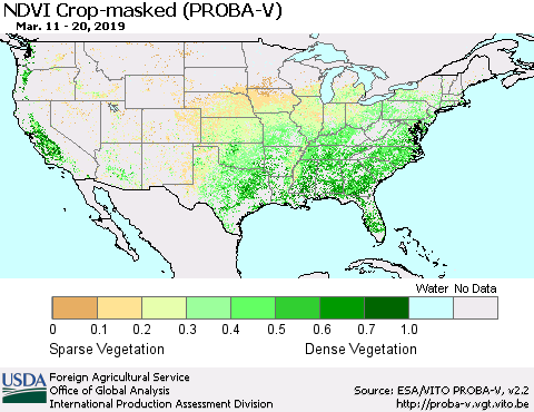 United States NDVI Crop-masked (PROBA-V) Thematic Map For 3/11/2019 - 3/20/2019