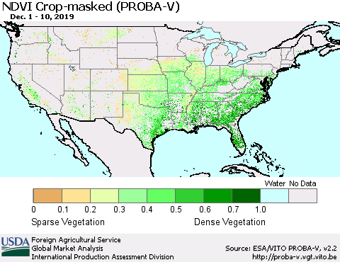 United States NDVI Crop-masked (PROBA-V) Thematic Map For 12/1/2019 - 12/10/2019