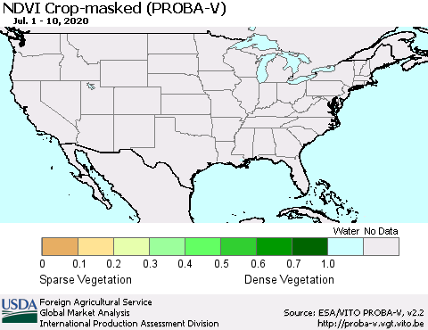 United States NDVI Crop-masked (PROBA-V) Thematic Map For 7/1/2020 - 7/10/2020