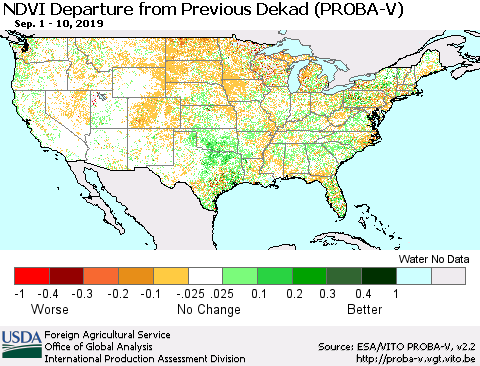 United States NDVI Departure from Previous Dekad (PROBA-V) Thematic Map For 9/1/2019 - 9/10/2019