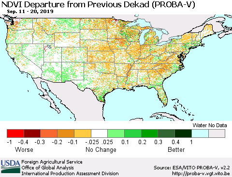 United States NDVI Departure from Previous Dekad (PROBA-V) Thematic Map For 9/11/2019 - 9/20/2019