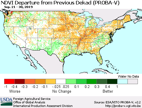 United States NDVI Departure from Previous Dekad (PROBA-V) Thematic Map For 9/21/2019 - 9/30/2019