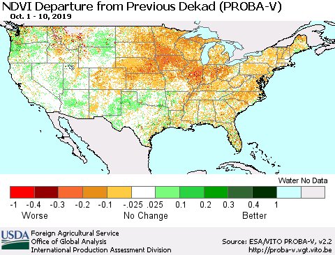United States NDVI Departure from Previous Dekad (PROBA-V) Thematic Map For 10/1/2019 - 10/10/2019
