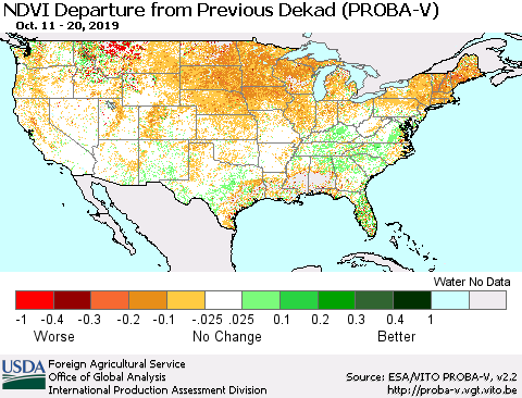 United States NDVI Departure from Previous Dekad (PROBA-V) Thematic Map For 10/11/2019 - 10/20/2019