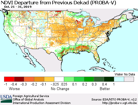 United States NDVI Departure from Previous Dekad (PROBA-V) Thematic Map For 10/21/2019 - 10/31/2019