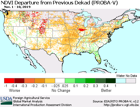 United States NDVI Departure from Previous Dekad (PROBA-V) Thematic Map For 11/1/2019 - 11/10/2019