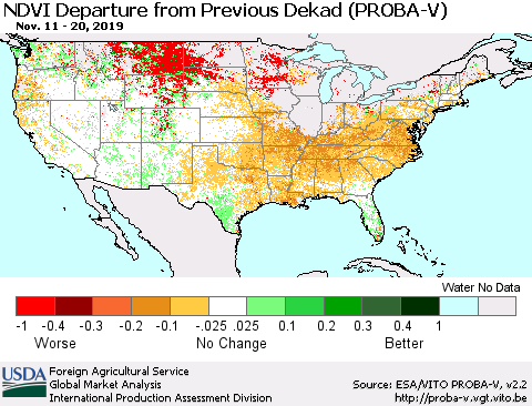 United States NDVI Departure from Previous Dekad (PROBA-V) Thematic Map For 11/11/2019 - 11/20/2019
