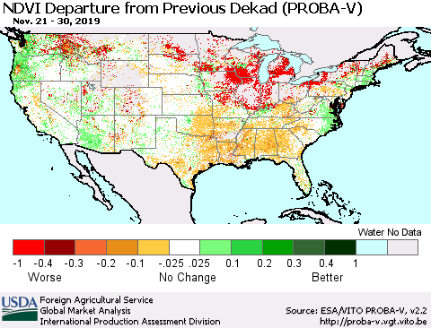 United States NDVI Departure from Previous Dekad (PROBA-V) Thematic Map For 11/21/2019 - 11/30/2019