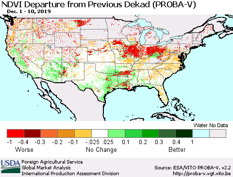 United States NDVI Departure from Previous Dekad (PROBA-V) Thematic Map For 12/1/2019 - 12/10/2019