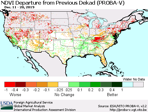 United States NDVI Departure from Previous Dekad (PROBA-V) Thematic Map For 12/11/2019 - 12/20/2019