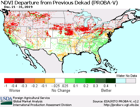 United States NDVI Departure from Previous Dekad (PROBA-V) Thematic Map For 12/21/2019 - 12/31/2019