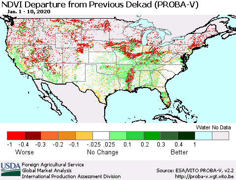 United States NDVI Departure from Previous Dekad (PROBA-V) Thematic Map For 1/1/2020 - 1/10/2020