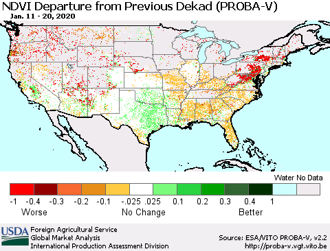 United States NDVI Departure from Previous Dekad (PROBA-V) Thematic Map For 1/11/2020 - 1/20/2020