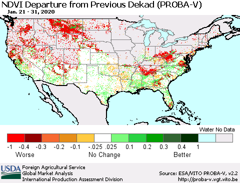 United States NDVI Departure from Previous Dekad (PROBA-V) Thematic Map For 1/21/2020 - 1/31/2020