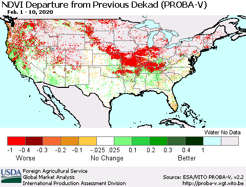 United States NDVI Departure from Previous Dekad (PROBA-V) Thematic Map For 2/1/2020 - 2/10/2020