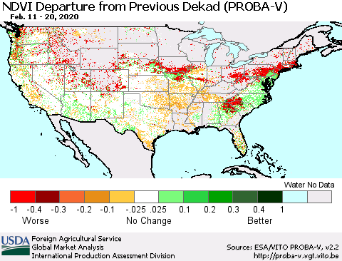 United States NDVI Departure from Previous Dekad (PROBA-V) Thematic Map For 2/11/2020 - 2/20/2020