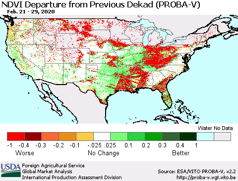United States NDVI Departure from Previous Dekad (PROBA-V) Thematic Map For 2/21/2020 - 2/29/2020