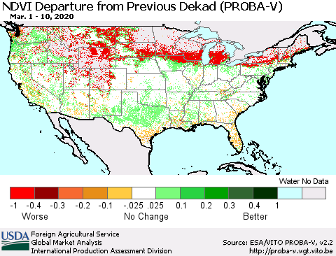 United States NDVI Departure from Previous Dekad (PROBA-V) Thematic Map For 3/1/2020 - 3/10/2020