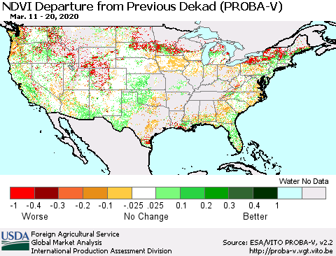 United States NDVI Departure from Previous Dekad (PROBA-V) Thematic Map For 3/11/2020 - 3/20/2020