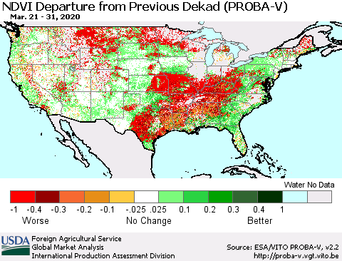 United States NDVI Departure from Previous Dekad (PROBA-V) Thematic Map For 3/21/2020 - 3/31/2020