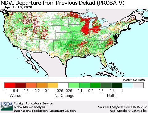 United States NDVI Departure from Previous Dekad (PROBA-V) Thematic Map For 4/1/2020 - 4/10/2020