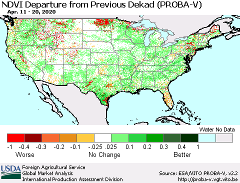 United States NDVI Departure from Previous Dekad (PROBA-V) Thematic Map For 4/11/2020 - 4/20/2020